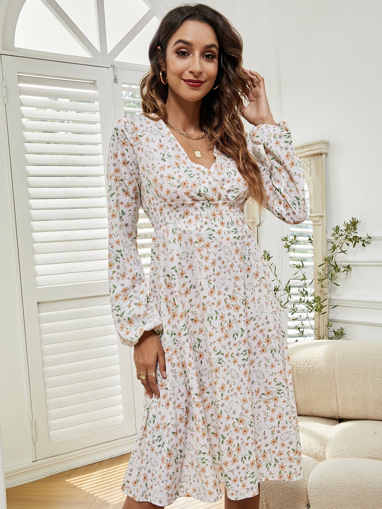 Women V Neck Elastic Waist Floral Print Long Sleeve Maxi Dress