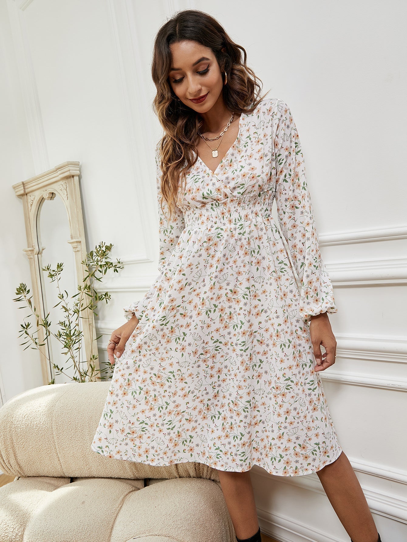 Women V Neck Elastic Waist Floral Print Long Sleeve Maxi Dress