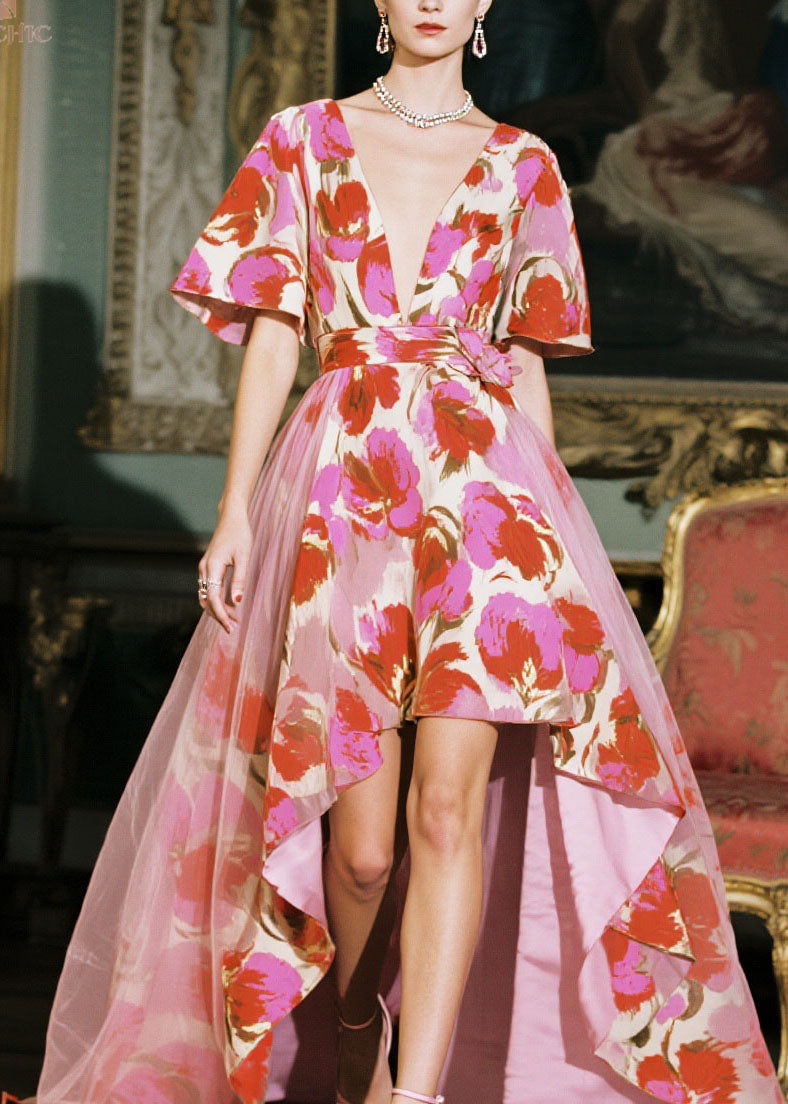 Floral Deep V-Neck Butterfly Sleeve Belted High Low Gown