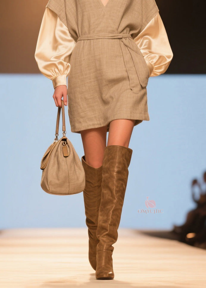 Wrap V-Neck Tie Waist Satin Balloon Sleeve Woven Mini Dress
