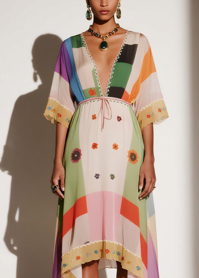 Chiffon Deep V-Neck Kimono Sleeve Floral Embroidered Tie Waist Handkerchief Hem Maxi Dress