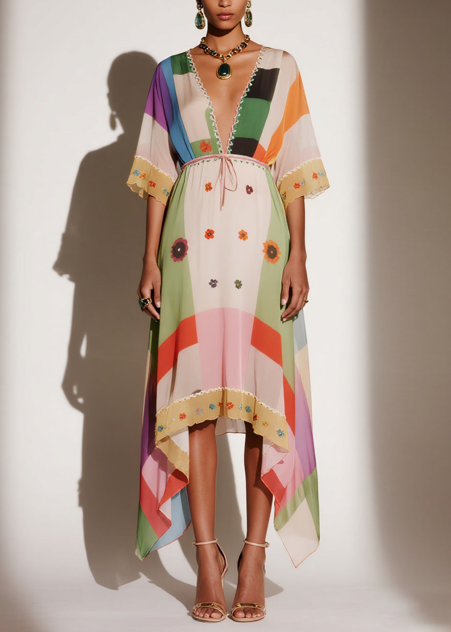 Chiffon Deep V-Neck Kimono Sleeve Floral Embroidered Tie Waist Handkerchief Hem Maxi Dress