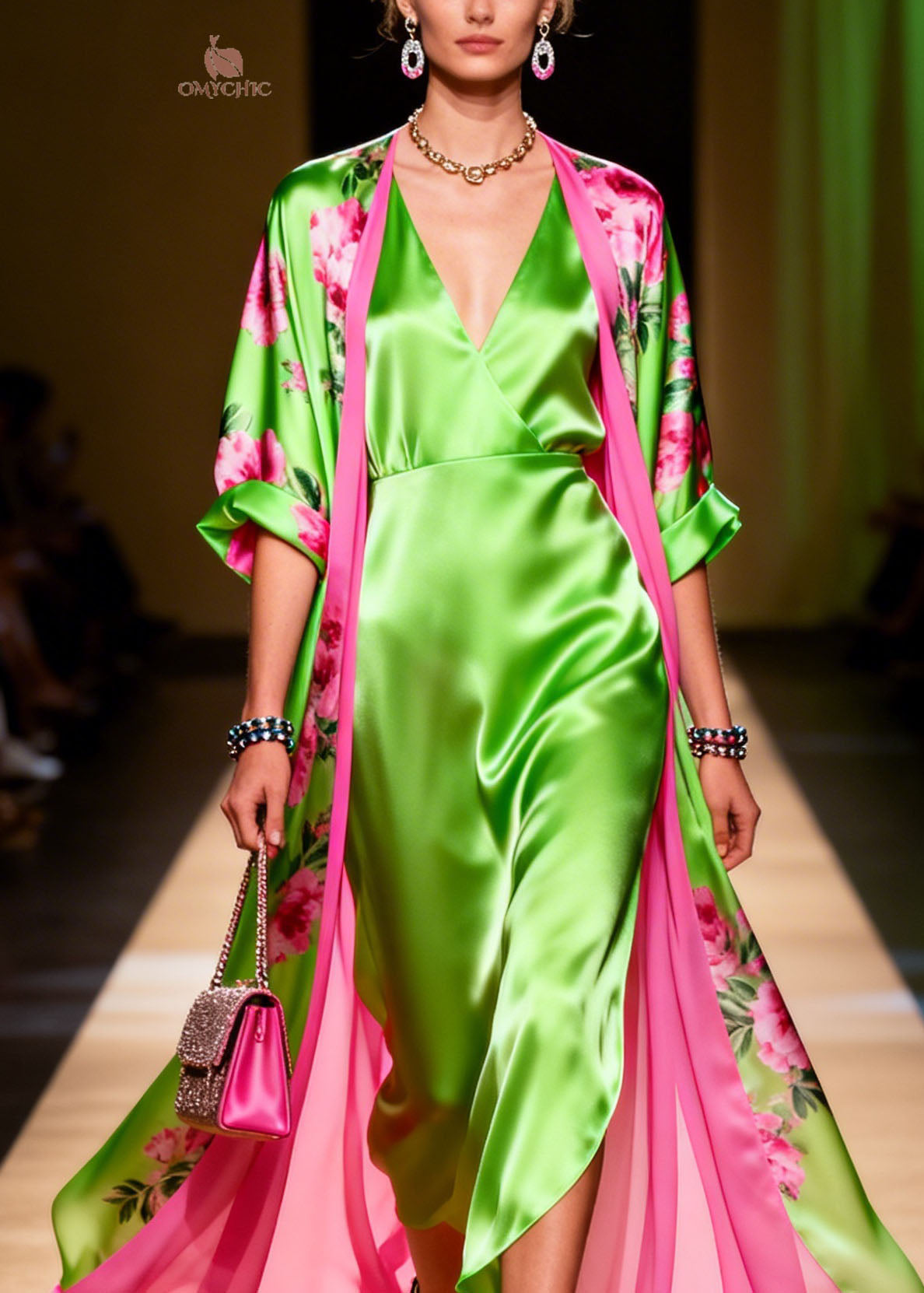 Deep V-Neck Wrap Midi Dress Floral Print Open Front Lined Robe Two-Piece Set