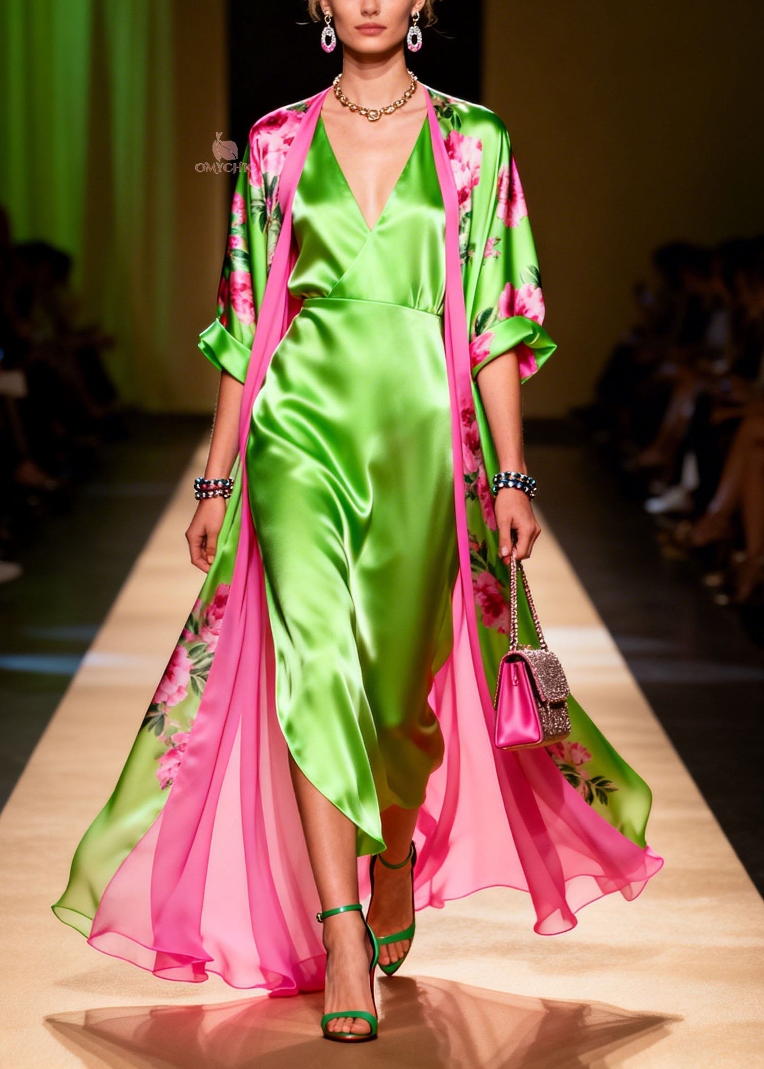 Deep V-Neck Wrap Midi Dress Floral Print Open Front Lined Robe Two-Piece Set
