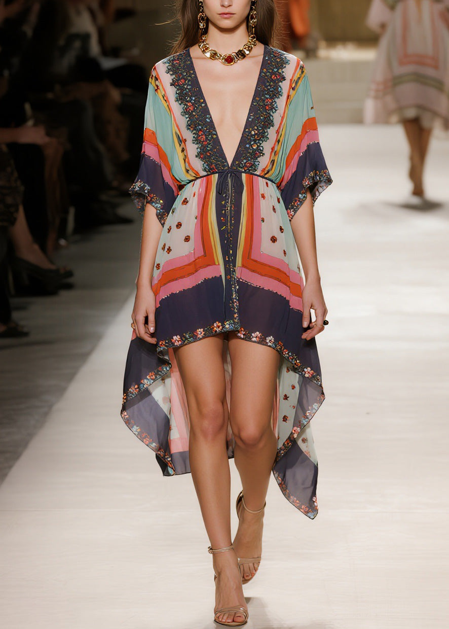 Embroidered Deep V-Neck Flutter Sleeve Drawstring High Low Mini Dress