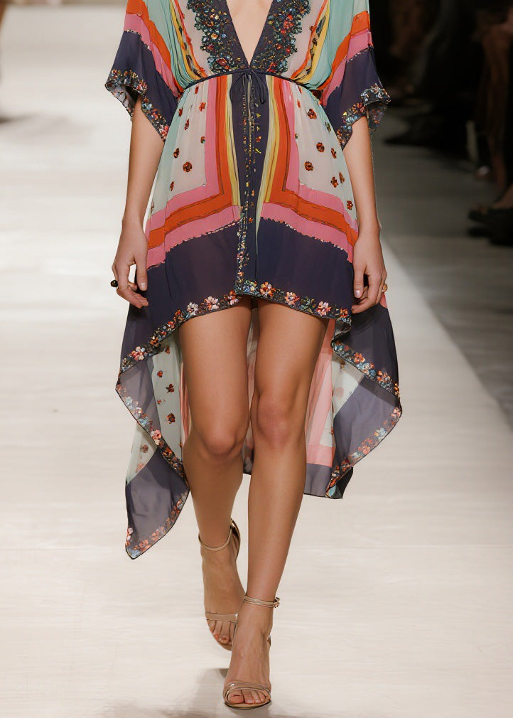 Embroidered Deep V-Neck Flutter Sleeve Drawstring High Low Mini Dress
