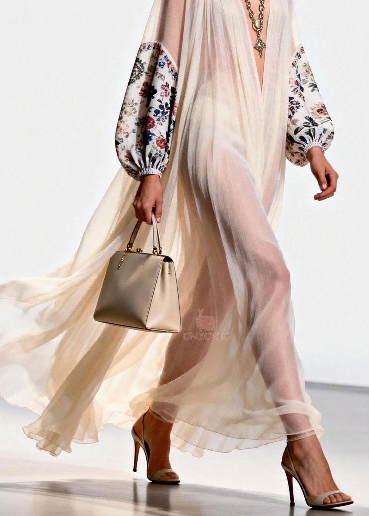 Floral Print Deep V-Neck Balloon Sleeve Sheer Pleated Chiffon Maxi Gown
