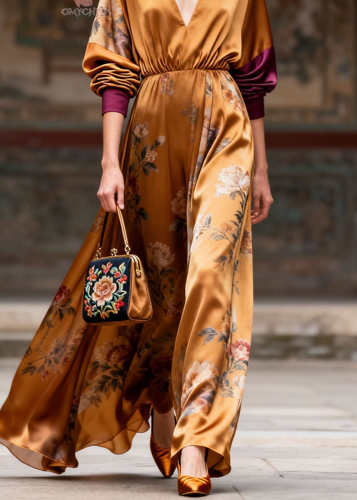 Satin Floral Deep V-Neck Lantern Sleeve Contrast Cuff Wide Leg Jumpsuit