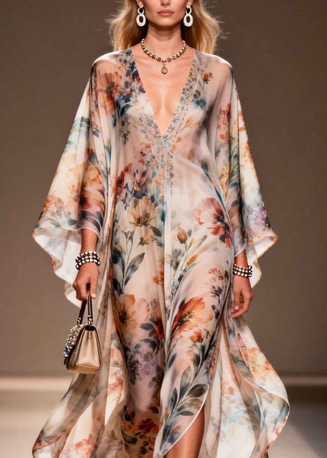 Floral Print Deep V-Neck Butterfly Sleeve Sheer Chiffon Kaftan Maxi Dress