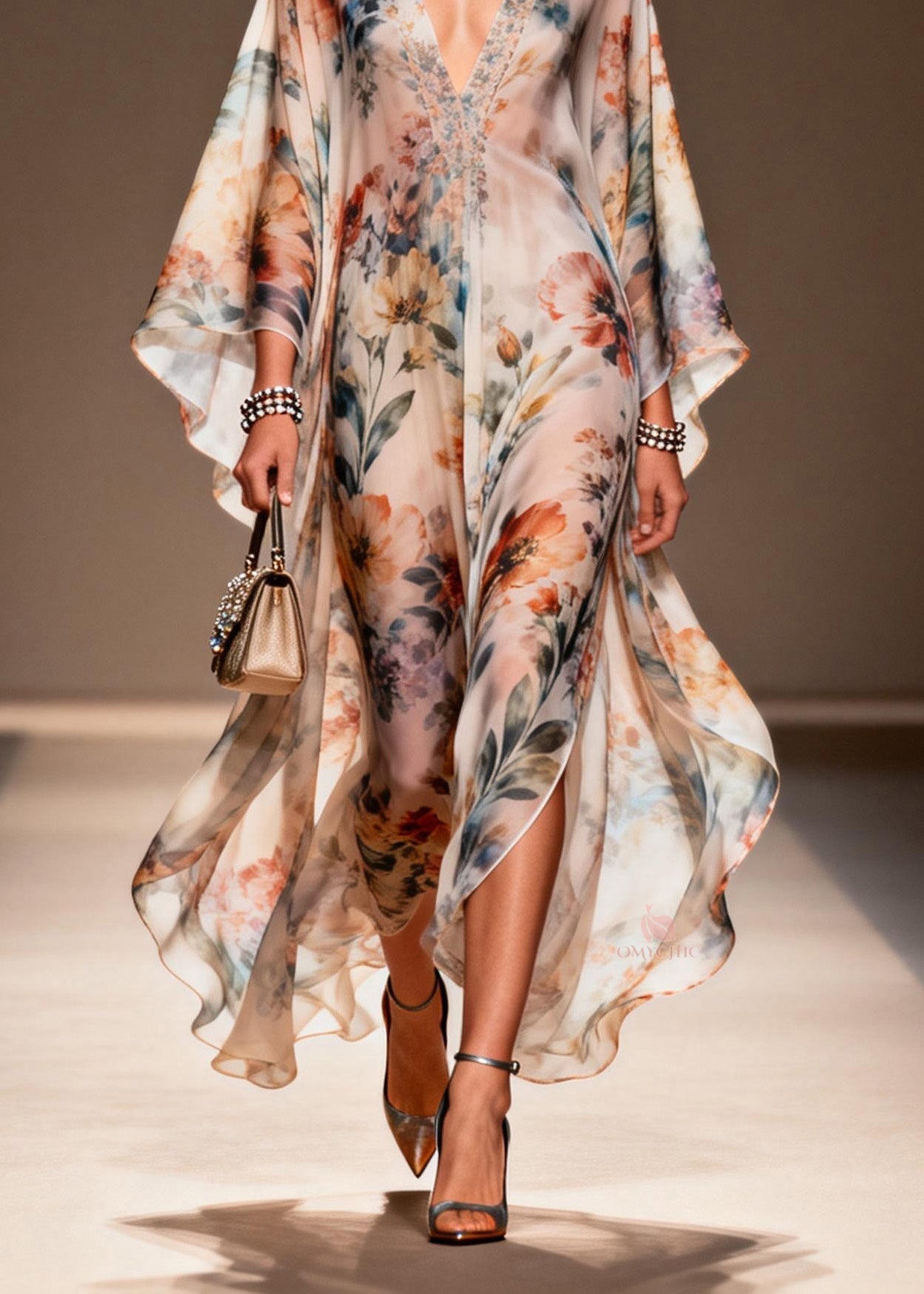 Floral Print Deep V-Neck Butterfly Sleeve Sheer Chiffon Kaftan Maxi Dress