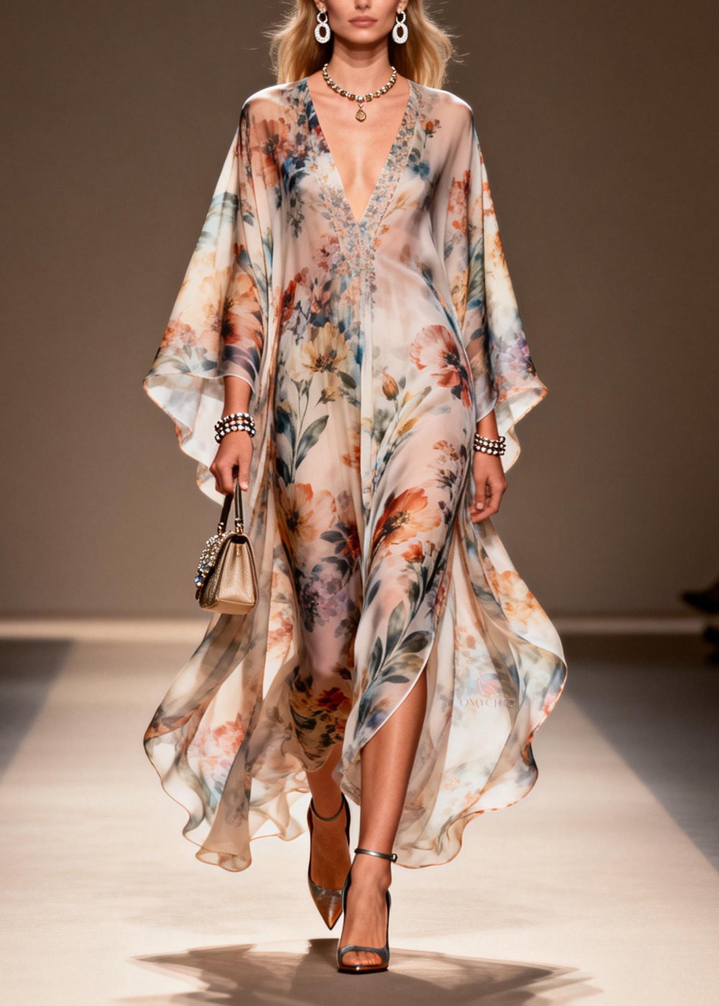 Floral Print Deep V-Neck Butterfly Sleeve Sheer Chiffon Kaftan Maxi Dress