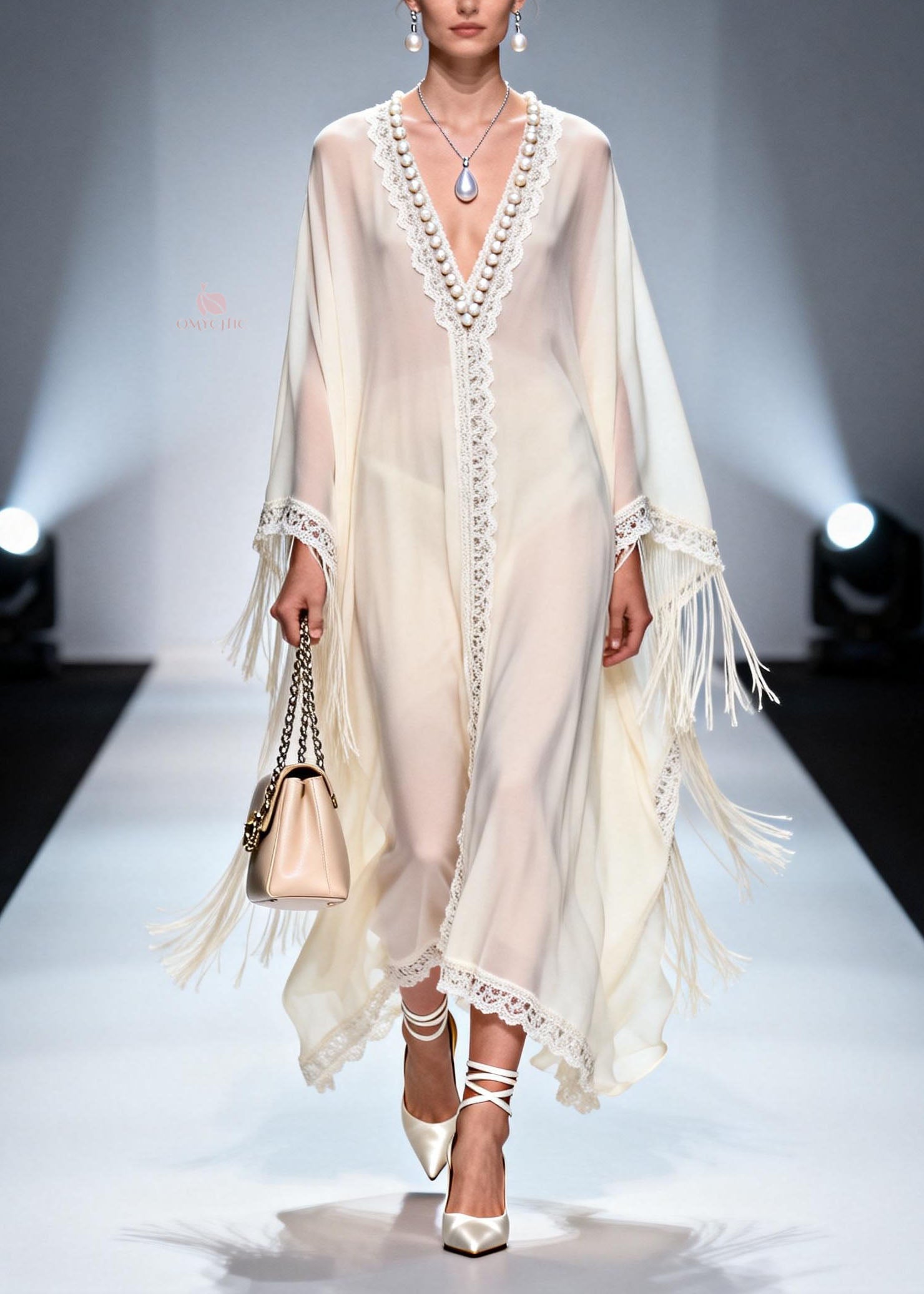 Chiffon Pearl Beaded Lace Trim Fringe Angel Sleeve V-Neck Kaftan Maxi Gown