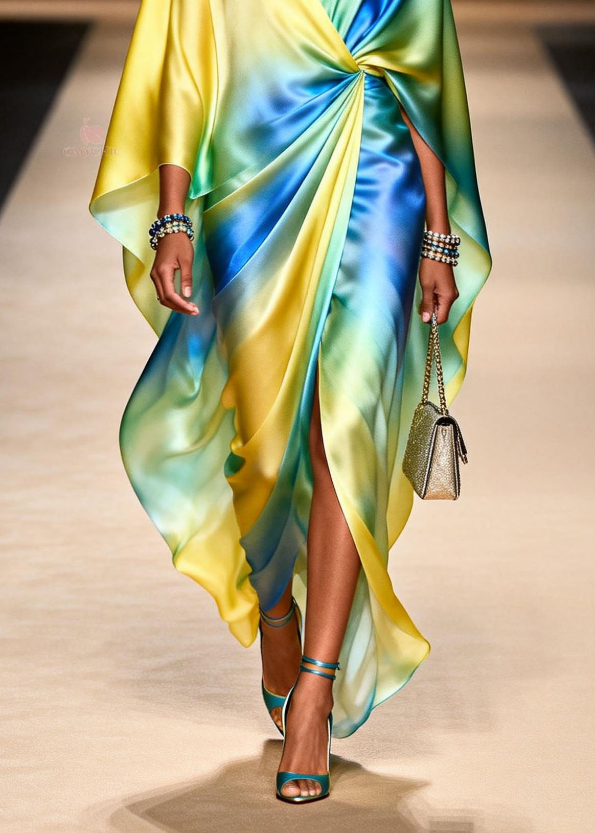 Satin Tie Dye Twisted Waist Deep V-Neck Cape Sleeve High Split Maxi Gown