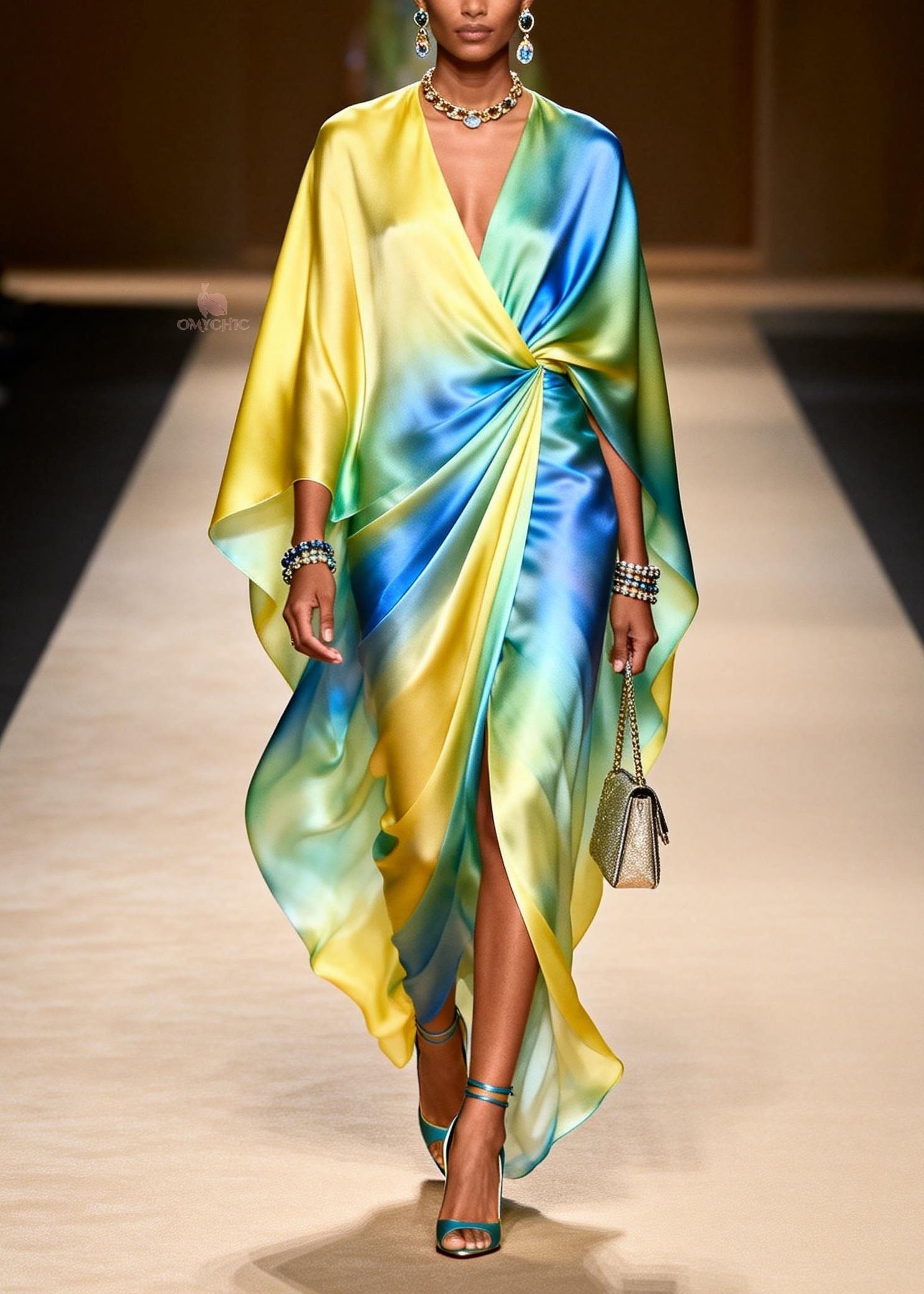Satin Tie Dye Twisted Waist Deep V-Neck Cape Sleeve High Split Maxi Gown