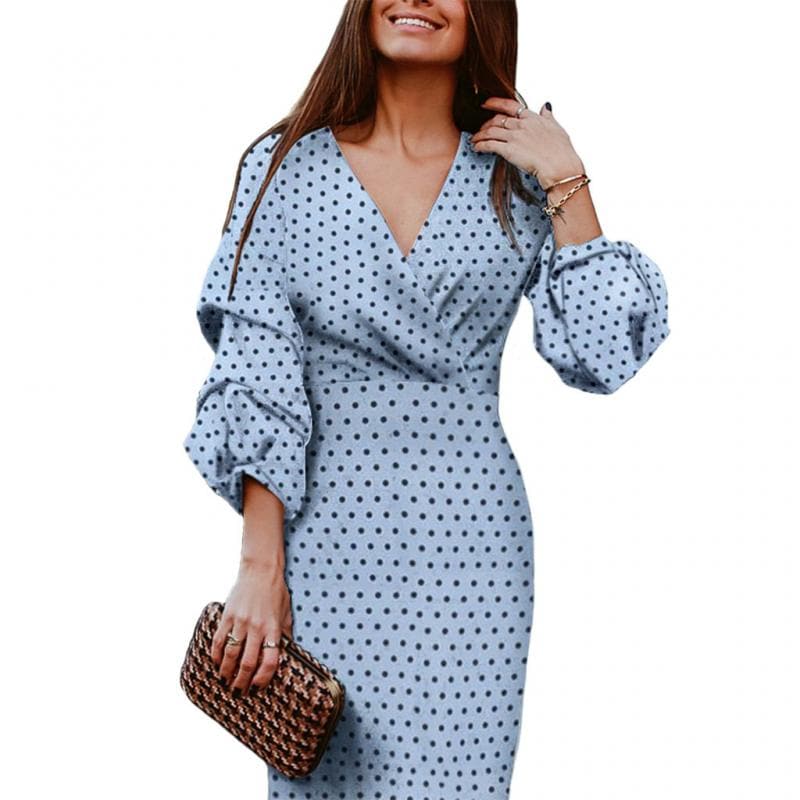 Polka Dot Surplice V-Neck Puff Sleeve Bodycon Mini Dress