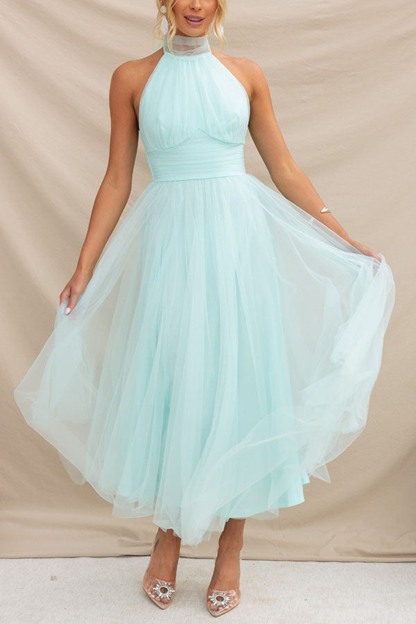 Tulle Halter Neck Fit and Flare Maxi Dress 12