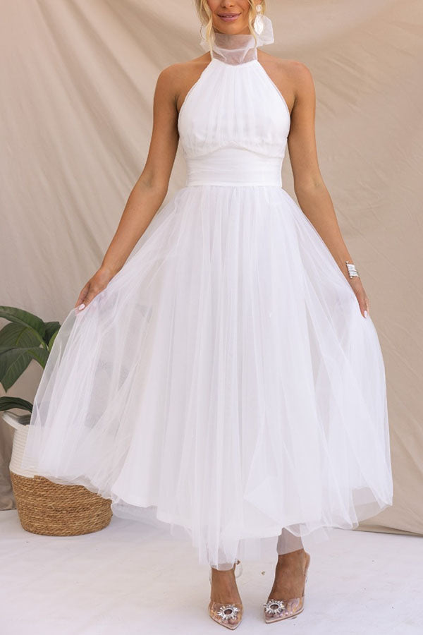 Tulle Halter Neck Fit and Flare Maxi Dress 13