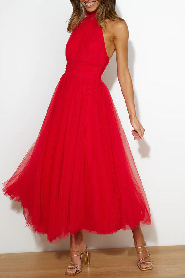 Tulle Halter Neck Fit and Flare Maxi Dress 6