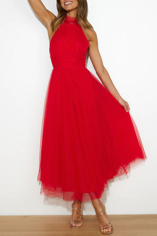 Tulle Halter Neck Fit and Flare Maxi Dress 7