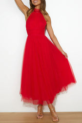 Tulle Halter Neck Fit and Flare Maxi Dress 7