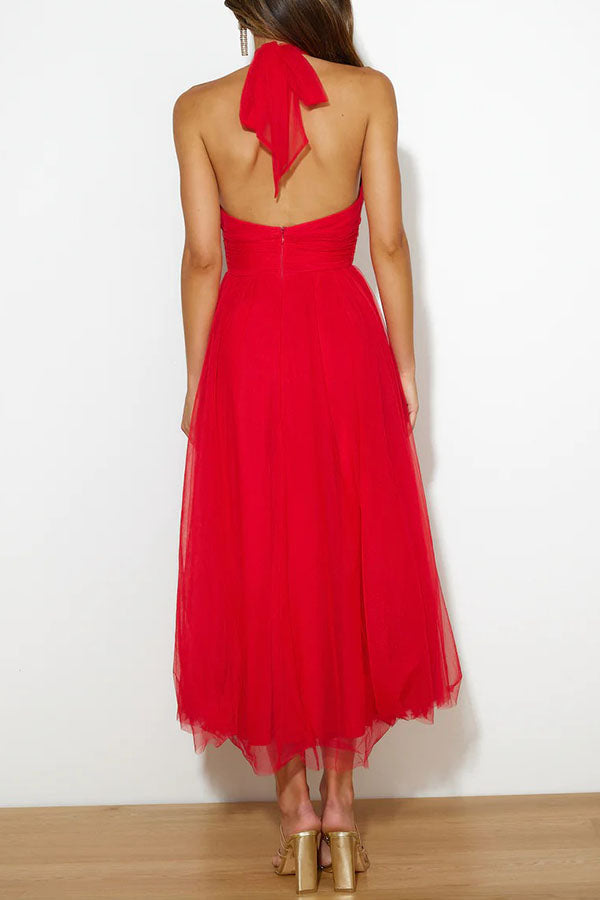 Tulle Halter Neck Fit and Flare Maxi Dress 8