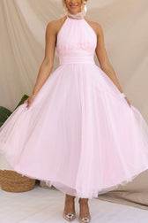 Tulle Halter Neck Fit and Flare Maxi Dress
