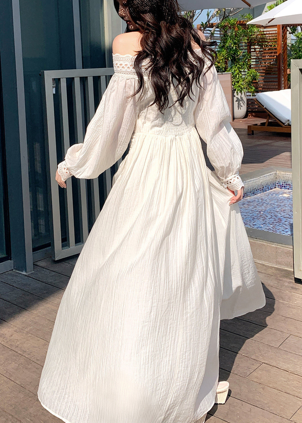 Lace Off Shoulder Lace Up Bishop Sleeve Ruched Waist Maxi Dress