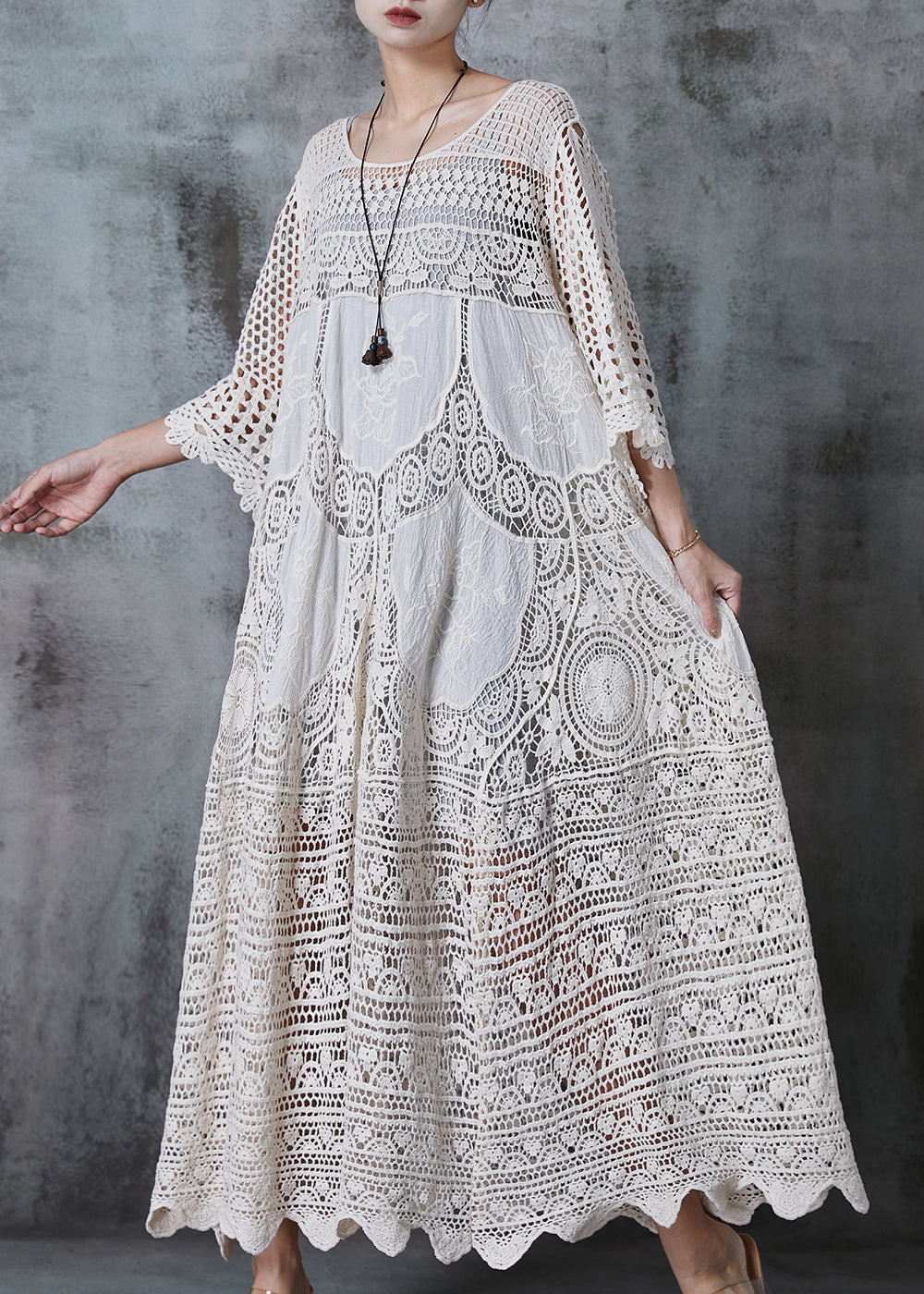 Crochet Lace Round Neck Three Quarter Sleeve Tiered Panel Oversized Maxi Dress