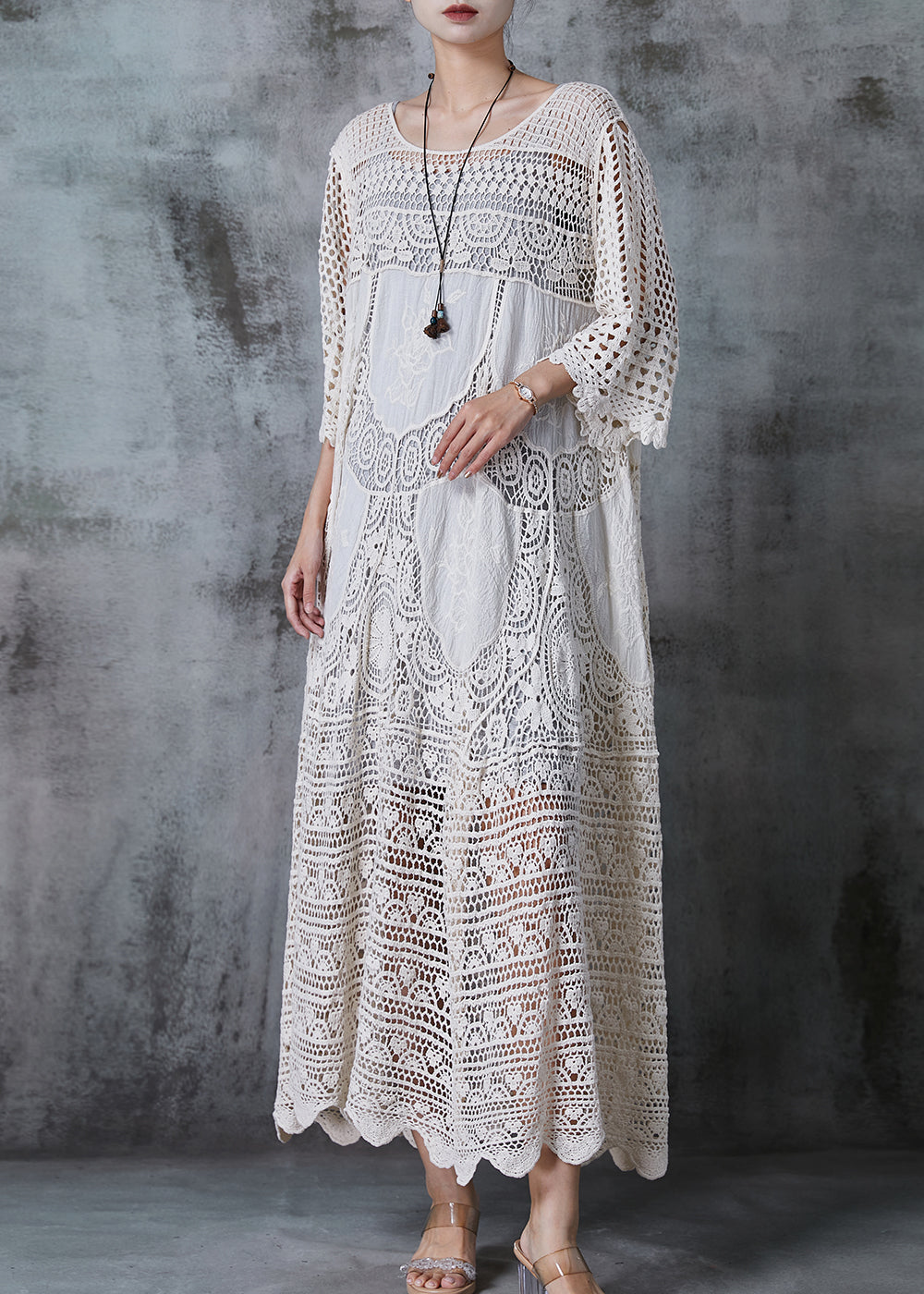 Crochet Lace Round Neck Three Quarter Sleeve Tiered Panel Oversized Maxi Dress