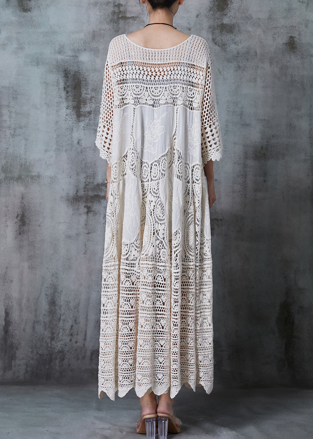 Crochet Lace Round Neck Three Quarter Sleeve Tiered Panel Oversized Maxi Dress