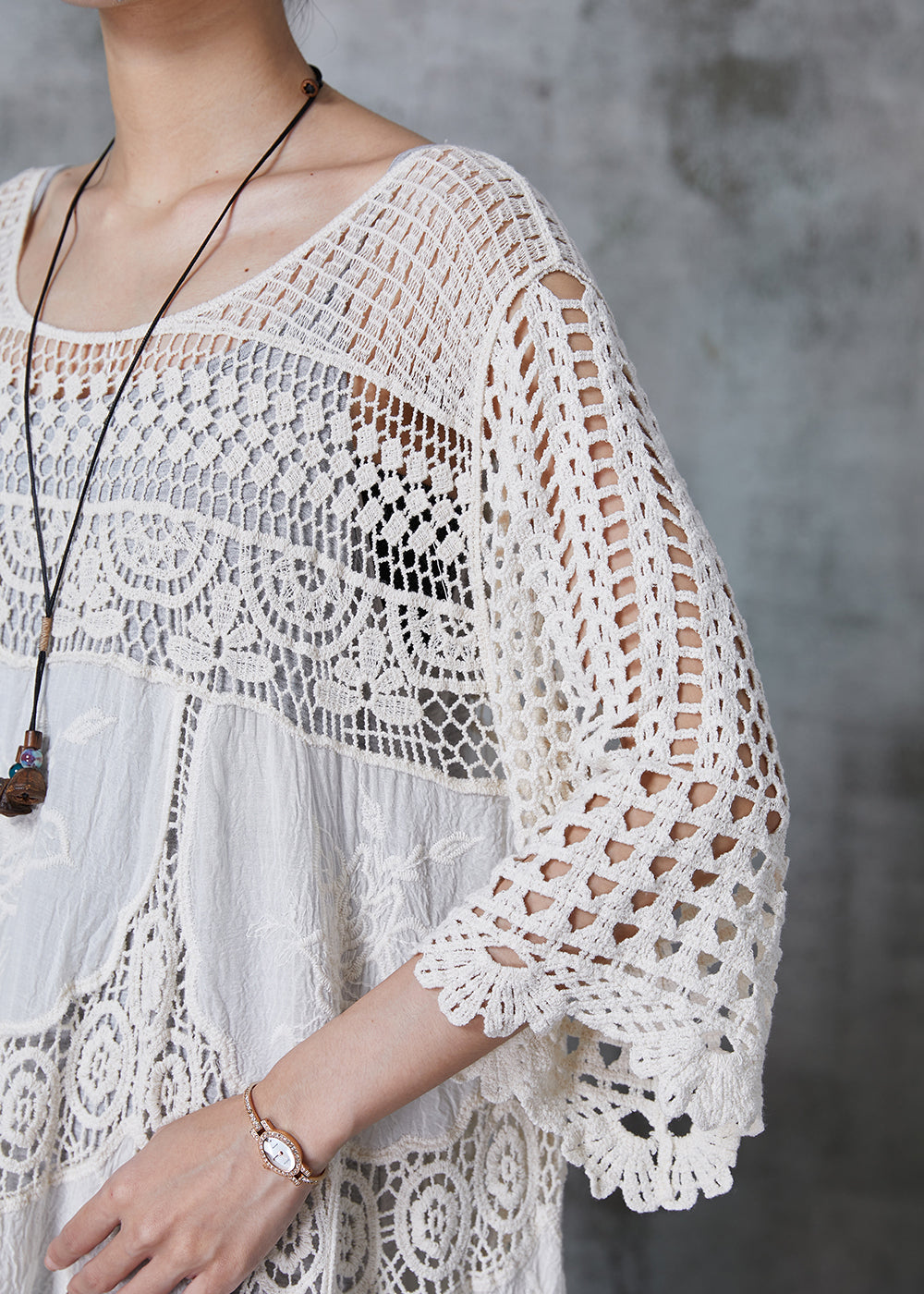 Crochet Lace Round Neck Three Quarter Sleeve Tiered Panel Oversized Maxi Dress