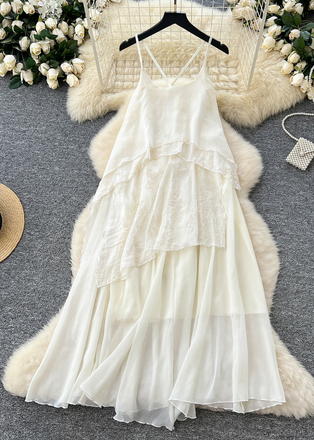 Spaghetti Strap Cross Back Layered Lace Panel Chiffon Maxi Dress