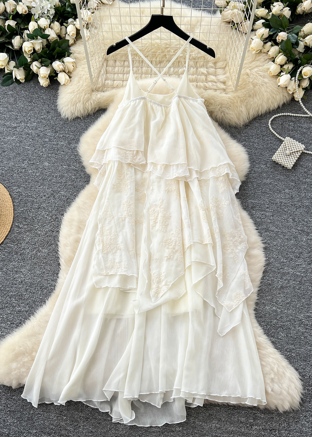 Women White Patchwork Lace Spaghetti Strap Dress Summer - View 2