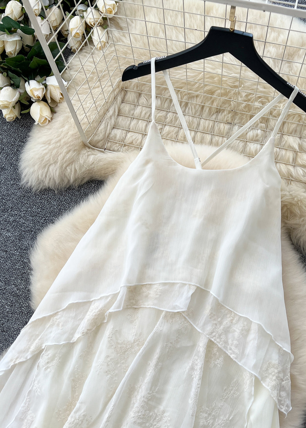 Women White Patchwork Lace Spaghetti Strap Dress Summer - View 3