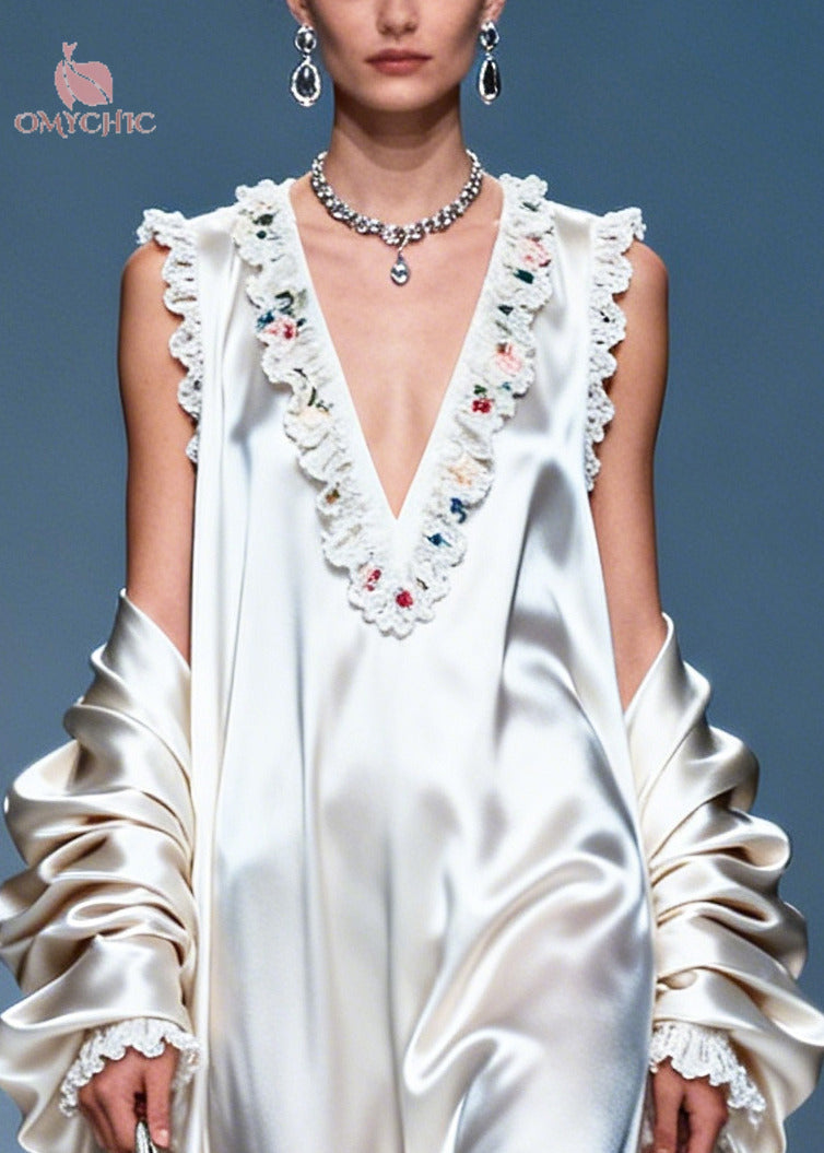 Satin Floral Embroidered Ruffle Trim V-Neck Gown and Open Coat Two Piece Set