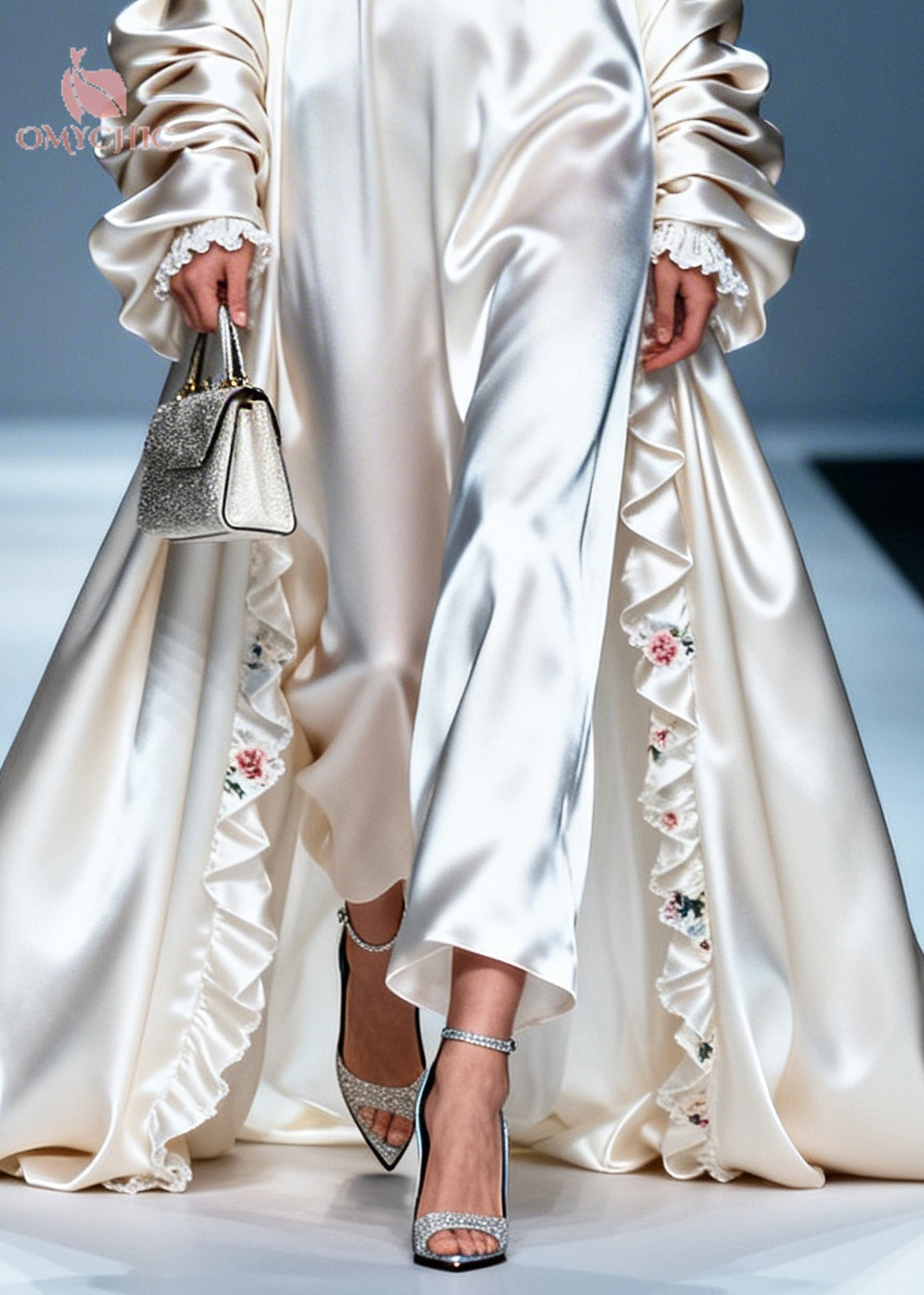Satin Floral Embroidered Ruffle Trim V-Neck Gown and Open Coat Two Piece Set