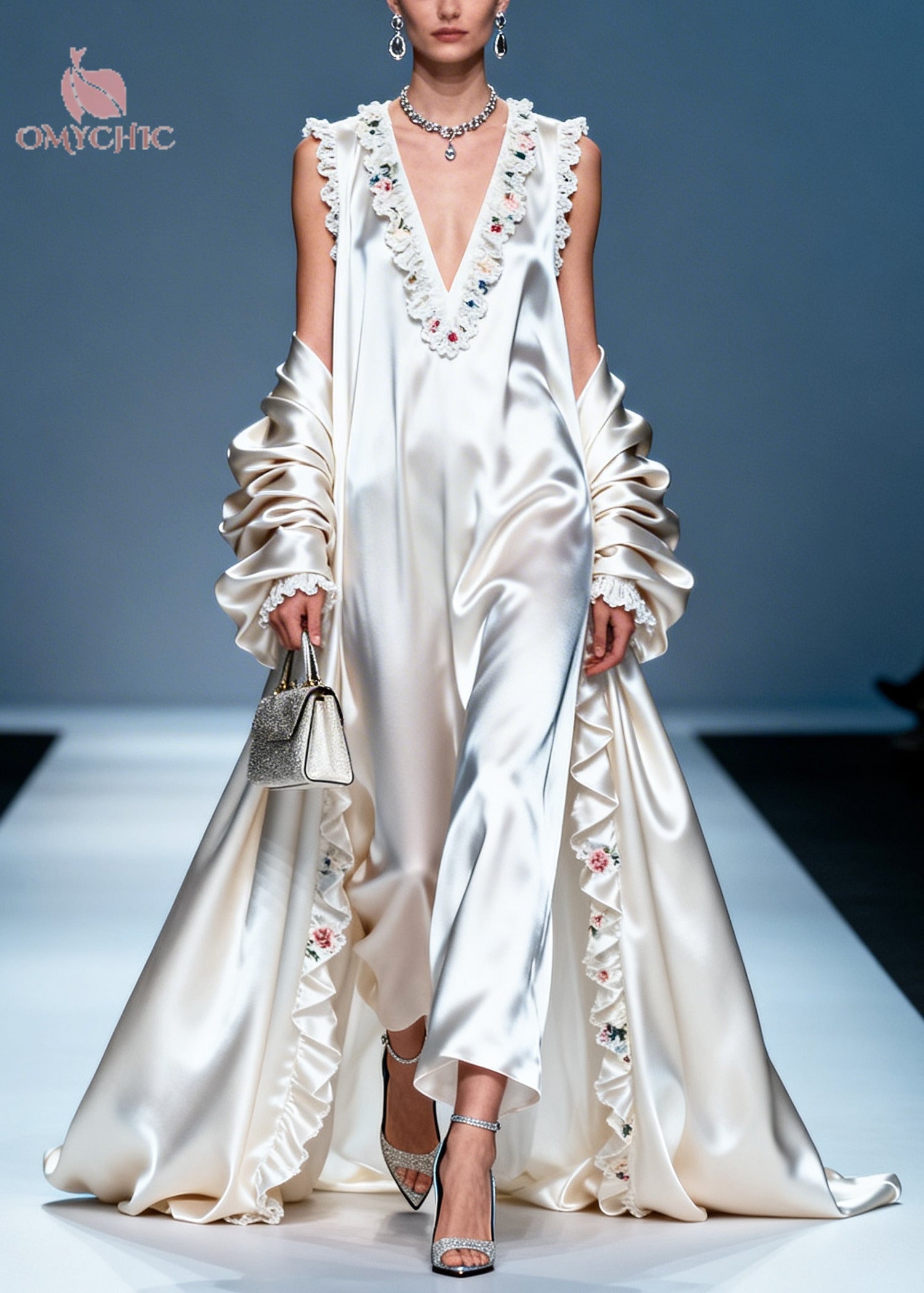 Satin Floral Embroidered Ruffle Trim V-Neck Gown and Open Coat Two Piece Set