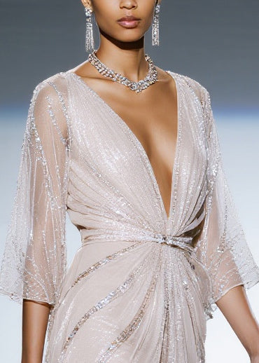 Sequin Tulle Deep V-Neck Bell Sleeve Ruched Waist High Low Mini Dress