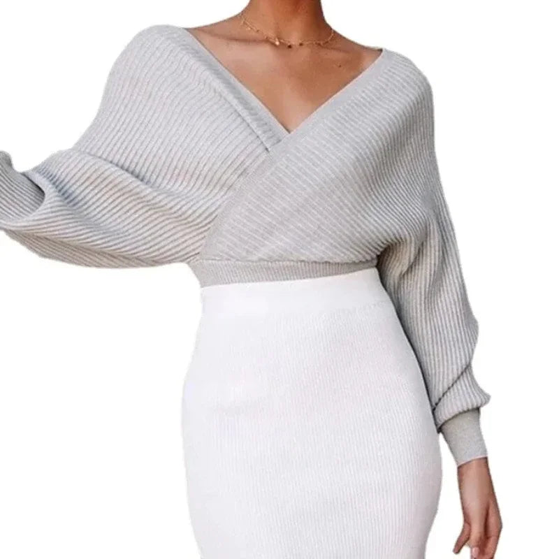 Off Shoulder Wrap Front V-Neck Ribbed Knit Batwing Sweater 5
