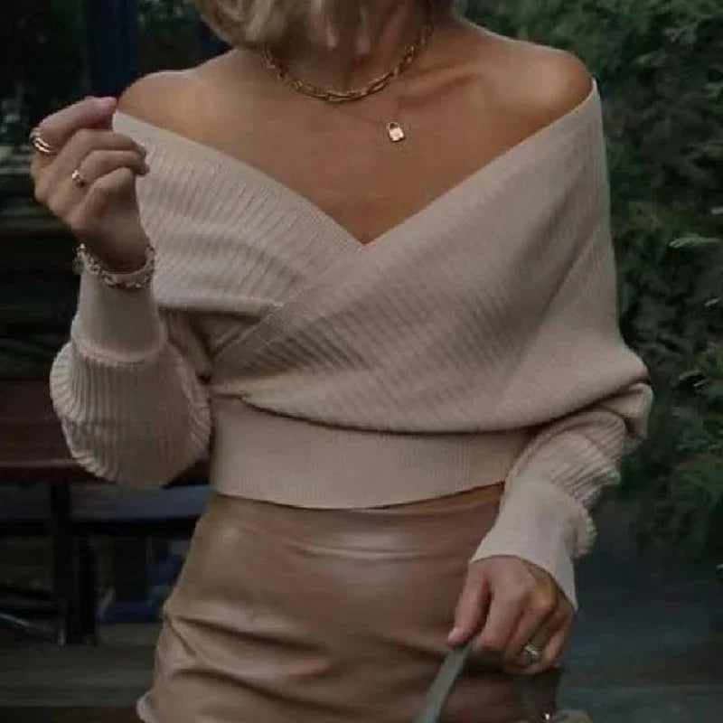 Off Shoulder Wrap Front V-Neck Ribbed Knit Batwing Sweater 6
