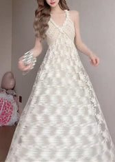 Women White V Neck Exra Large Hem Lace Spaghetti Strap Dress Summer
