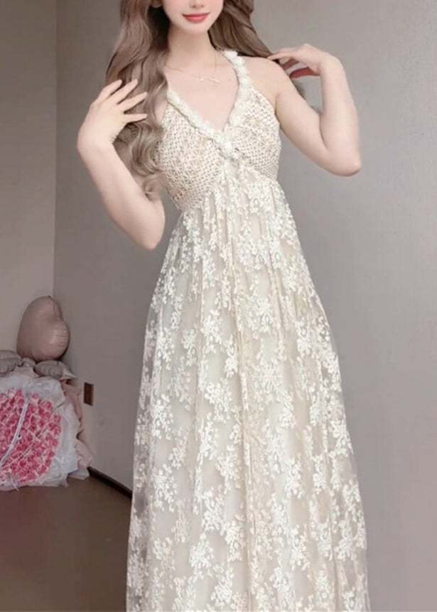 Women White V Neck Exra Large Hem Lace Spaghetti Strap Dress Summer 2