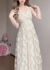 Women White V Neck Exra Large Hem Lace Spaghetti Strap Dress Summer 2