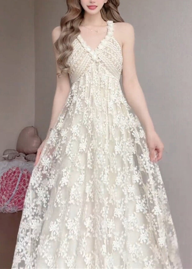 Women White V Neck Exra Large Hem Lace Spaghetti Strap Dress Summer 3