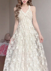 Women White V Neck Exra Large Hem Lace Spaghetti Strap Dress Summer 3