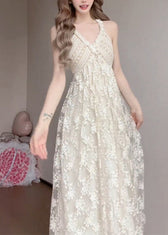 Women White V Neck Exra Large Hem Lace Spaghetti Strap Dress Summer 5