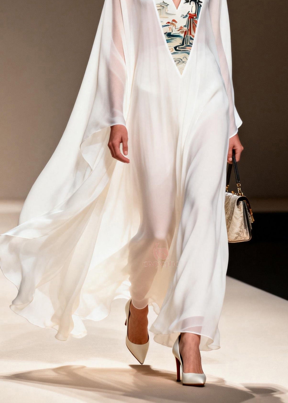 Pagoda Landscape Embroidered Panel Deep V-Neck Cape Sleeve Kaftan Maxi Gown