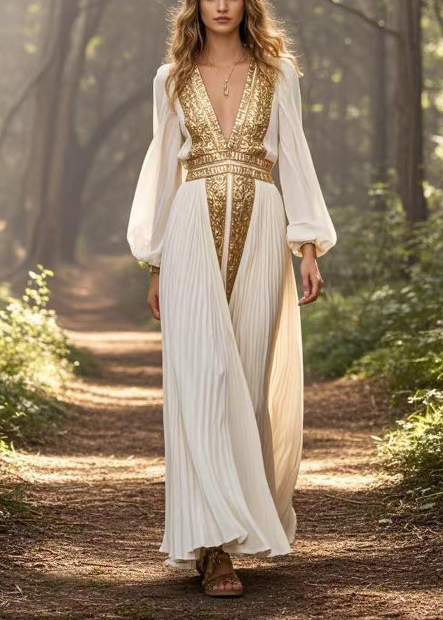Metallic Embroidery Deep V-Neck Bishop Sleeve Accordion Pleated Chiffon Maxi Gown