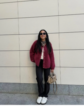 Wine Red Round Neck Button Cardigan