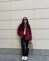 Wine Red Round Neck Button Cardigan Red / S